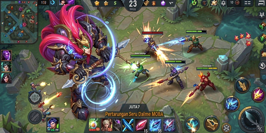 Screenshot JUTA7 menampilkan aksi seru dalam pertempuran tim.